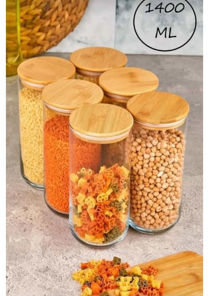 6 Adet Vakumlu Bambu Kapaklı Cam Kavanoz 1400ML Baharatlık Bakliyat Gıda Saklama Kabı Organizer