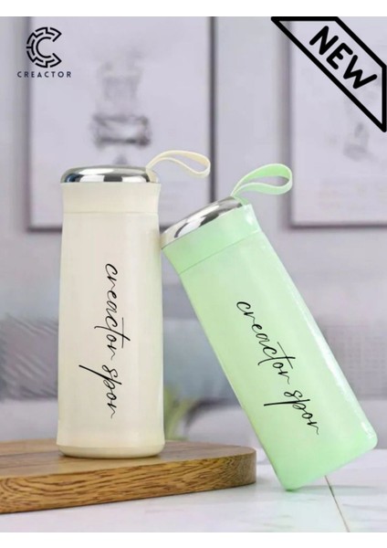 Yeşil 400ML Sporcu Matara, Cam Iç-Dış Silikon, Yürüyüş ve Koşu Için Uygun
