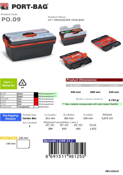 Taşınabilir Vida Kutulu Takım Çantası, 340X600X320, 24 Parça, Dayanıklı ve Pratik