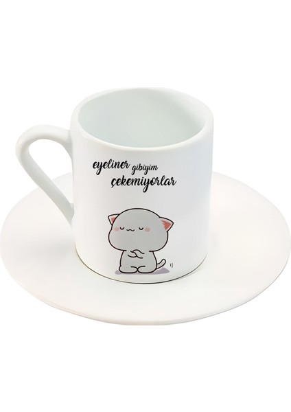 Beyaz Porselen Kedi Desenli Kahve Fincanı, Şık ve Zarif Tasarım