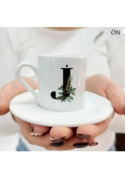 J Harfli Çiçekli Yaprak Desenli Özel Tasarım Kahve Fincanı, Şık ve Zarif Seçenek