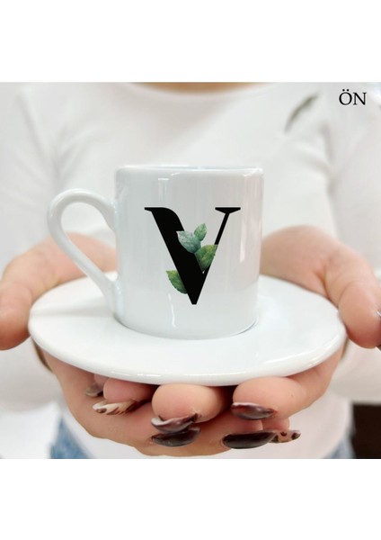 V Harfli Çiçekli Yapraklı Şık Kahve Fincanı, Özel Tasarım, Beyaz Renk.