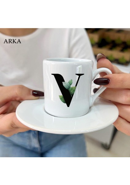 V Harfli Çiçekli Yapraklı Şık Kahve Fincanı, Özel Tasarım, Beyaz Renk. fiyatları