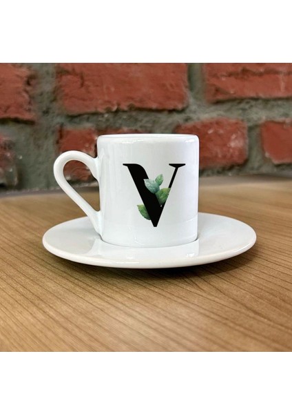 V Harfli Çiçekli Yapraklı Şık Kahve Fincanı, Özel Tasarım, Beyaz Renk. indirimleri