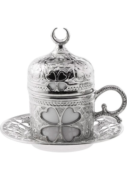 Yonca Desenli 4'lü Porselen ve Gümüş Renk Fincan Takımı