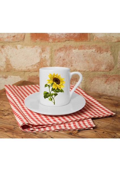 Ay Çiçeği Desenli Beyaz Türk Kahvesi Fincanı, Şık ve Zarif Tasarım