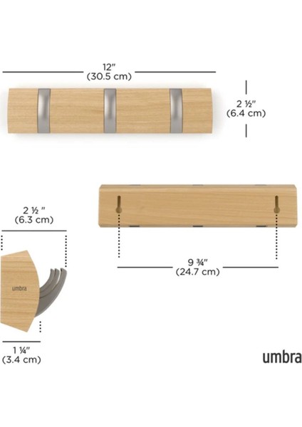 Flip 3'lü Duvar Kancası Doğal-Nikel 30X6X3 cm