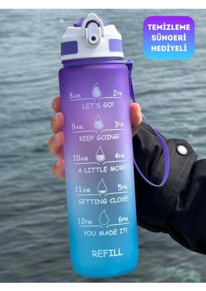 Mor 1 Lt Motivasyonel Çizgili Matara, Spor ve Outdoor Için Bpa Free