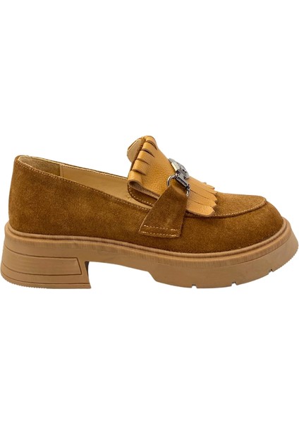 257003 Hakiki Deri Loafer Kadın Ayakkabı Tokalı Fırfırlı