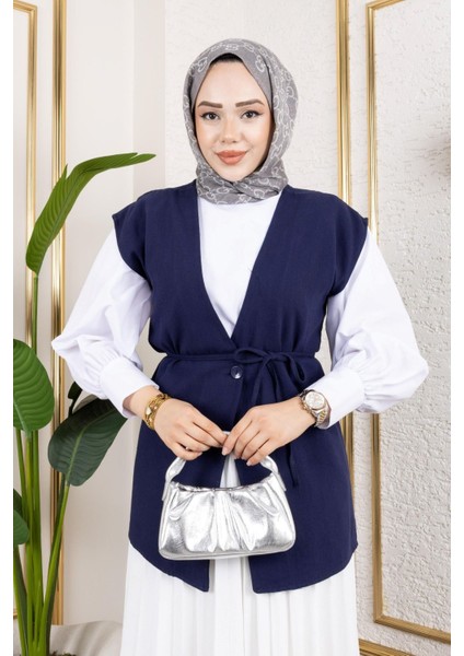 Kadın Bağlamalı Tek Düğmeli Keten Trend Tesettür Yelek Lacivert