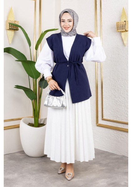 Kadın Bağlamalı Tek Düğmeli Keten Trend Tesettür Yelek Lacivert fiyatları