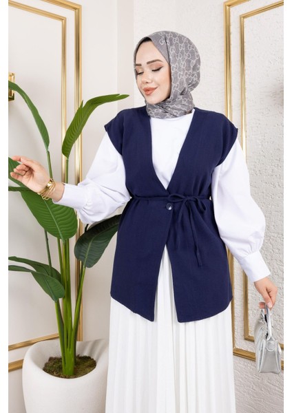 Kadın Bağlamalı Tek Düğmeli Keten Trend Tesettür Yelek Lacivert modelleri