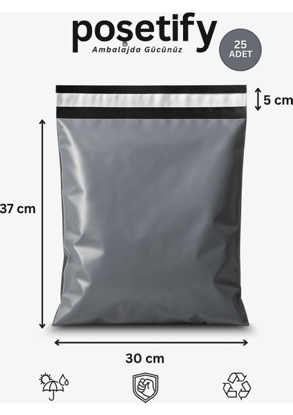 Gri Cepsiz Kargo Poşeti 30X37+5 cm 25 Adet E-Ticaret Poşeti | Yapışkan Bantlı Kargo Zarfı