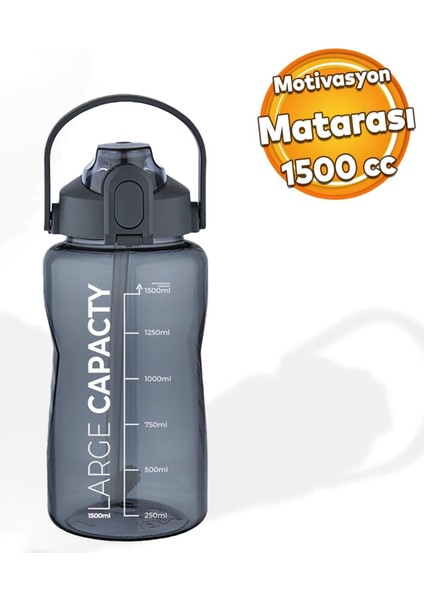1.5 Litre Büyük Kapasiteli Pipetli Su Matara Gri, Sağlıklı ve Dayanıklı Tasarım