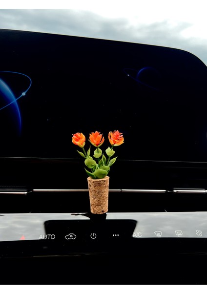 Dekoratif Mini Araç Klima Süsü | El Yapımı Mantar Saksı Çiçek Araba Kokusu | Difüzör Turuncu