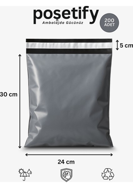 Gri Cepsiz Kargo Poşeti 24X30+5 cm 200 Adet E-Ticaret Poşeti | Yapışkan Bantlı Kargo Zarfı
