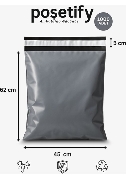 Gri Cepsiz Kargo Poşeti 45X62+5 cm | Yapışkan Bantlı Kargo Zarfı | 1000’LI E-Ticaret Poşeti