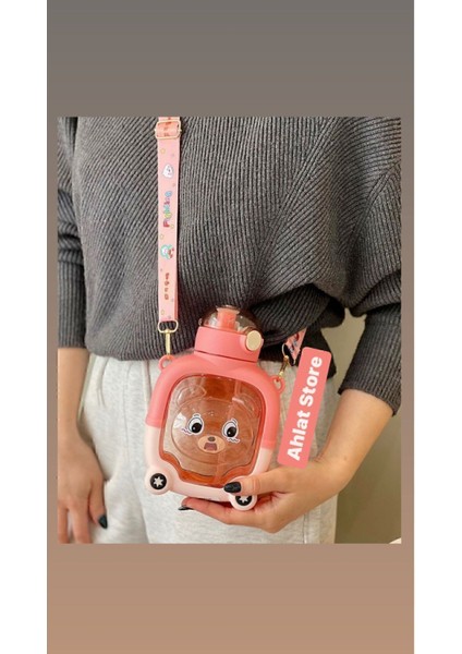 Sevimli Ayıcık Tasarımlı 1000 ml Çocuk Su Şişesi, Pembe Renkli, Sticker Detaylı