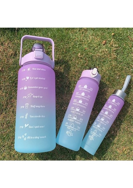 Renkli 3'lü Spor Su Şişesi Seti, 2l, 700ML, 500ML, Tritan, Motivasyonel Tasarım