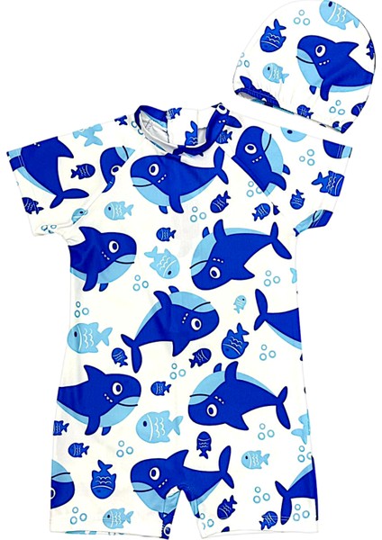 Erkek Çocuk Açık Mavi Renk Dinozor Baskı Desen Kısa Kollu Mayo ve Bone Takım