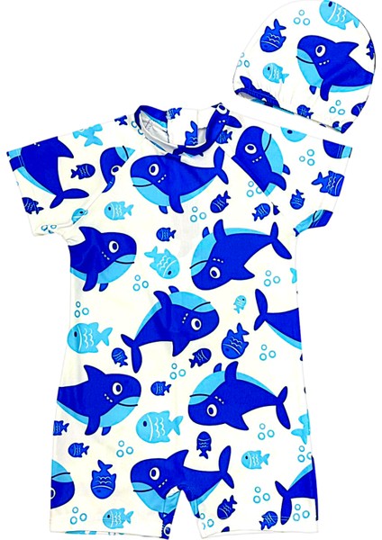 Erkek Çocuk Açık Mavi Renk Dinozor Baskı Desen Kısa Kollu Mayo ve Bone Takım modelleri