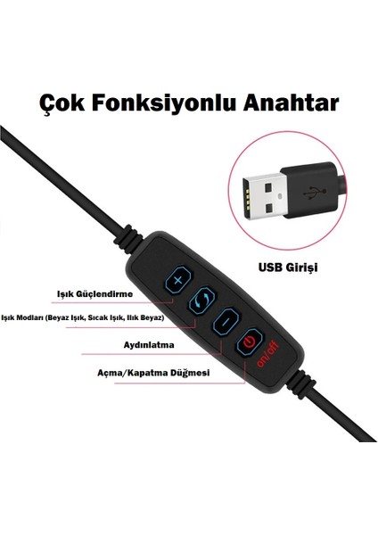 Dim LED Halka Işık Telefon Tutucu Usb’li Ayarlanabilir Işık Modları Canlı Yayın Makyaj Video Çekimi