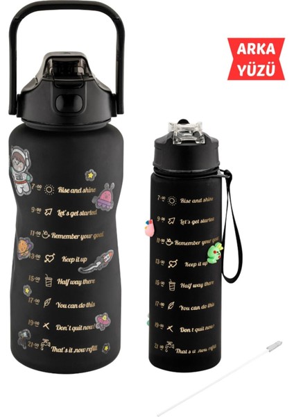 Motivasyonel 2'li 2l ve 750ML Şişe Seti, Sağlıklı ve Şık Su Matarağı, Siyah fiyatları