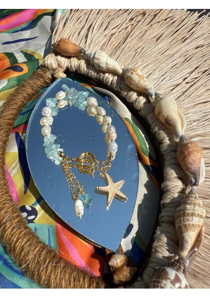 Gerçek Incili Akuamarin Taşlı Deniz Yıldızı Bileklik