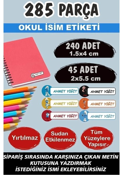 Okul Etiketi Kalem Defter Etiketi Özel Isimli Etiket Şirinler Smurfs 6 Figür 285 Parça