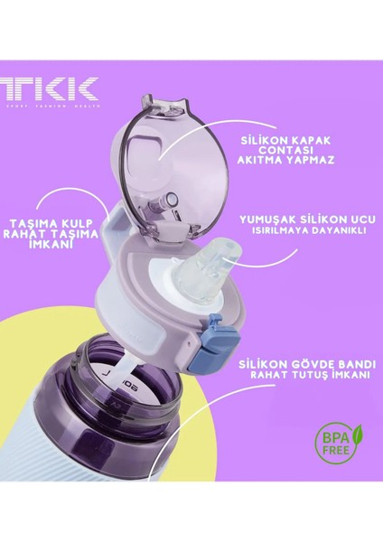 500ML Pipetli Silikon Gövdeli Ölçü Skalalı Tritan Su Matara Mor modelleri