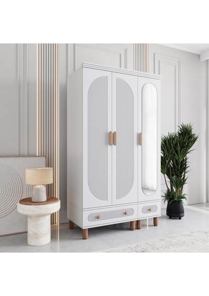Milen 3 Kapaklı Çekmeceli Gardırop Tamamı MDF (Beyaz)