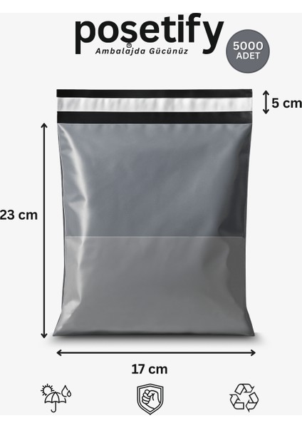 Gri Cepli Kargo Poşeti 17X23+4 cm 5000 Adet E-Ticaret Poşeti | Yapışkan Bantlı Gönderi Zarfı