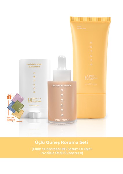 Üçlü Güneş Koruma Seti (Fluid Sunscreen+Bb Serum 01 Fair+Invisible Stick Sunscreen) (102021)