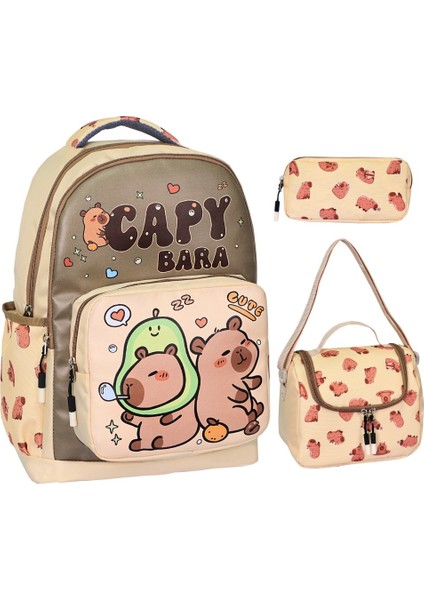 Capybara 3’lü Ilkokul Baskılı, Erkek Çocuk Beslenmeli ve Kalemlikli Okul Çantası