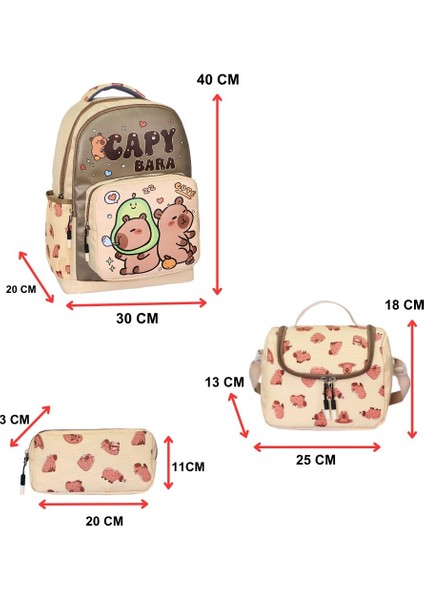 Capybara 3’lü Ilkokul Baskılı, Erkek Çocuk Beslenmeli ve Kalemlikli Okul Çantası fırsatları