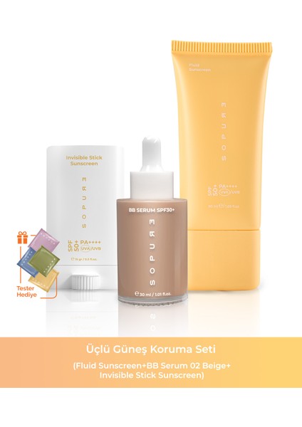 Üçlü Güneş Koruma Seti (Fluid Sunscreen+Bb Serum 02 Beige+Invisible Stick Sunscreen) (102022)