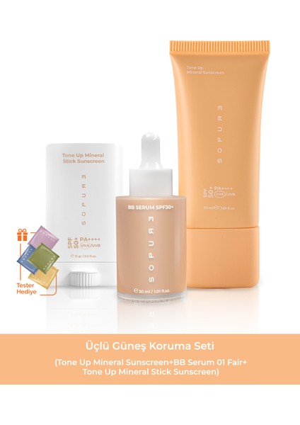 Üçlü Güneş Koruma Seti (Tone Up Mineral Sunscreen+Bb Serum 01 Fair+Tone Up Mineral Stick Sunscreen)