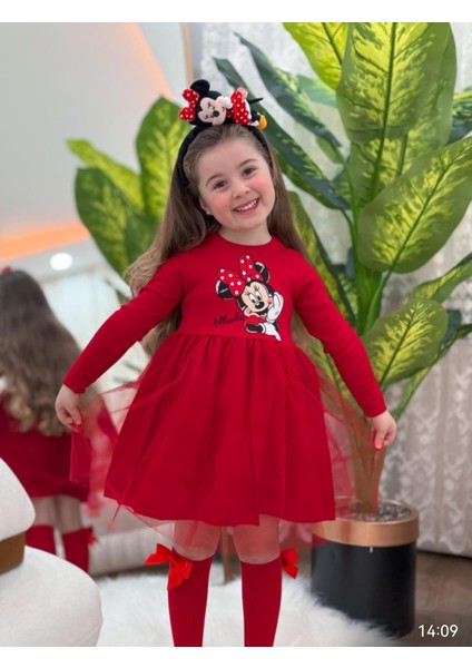 Kız Çocuk Minnie Mouse Baskılı Bisiklet Yaka Pamuklu Tül Tütü Detaylı Uzun Kollu Elbise Kırmızı