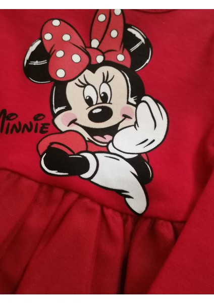 Kız Çocuk Minnie Mouse Baskılı Bisiklet Yaka Pamuklu Tül Tütü Detaylı Uzun Kollu Elbise Kırmızı modelleri