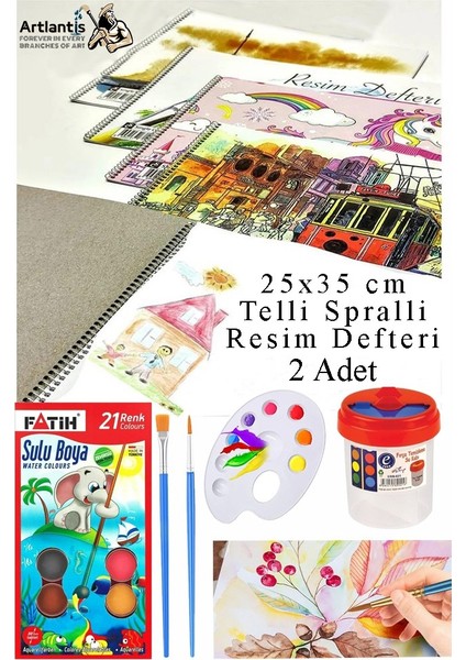 21 Renk Fatih Sulu Boya 25X35 cm Telli Spralli Resim Defteri Resim Paleti Resim Fırçası Temizleme Kabı Suluboya Okul