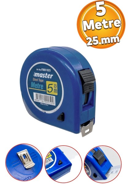 Bükülebilir Metal Şerit Ölçüm 5 M x 25 Mm, Mavi, Plastik Kasa