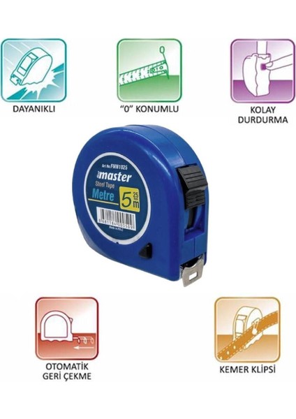 Bükülebilir Metal Şerit Ölçüm 5 M x 25 Mm, Mavi, Plastik Kasa fırsatları