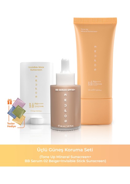 Üçlü Güneş Koruma Seti (Tone Up Mineral Sunscreen+Bb Serum 02 Beige+Invisible Stick Sunscreen) (142022)