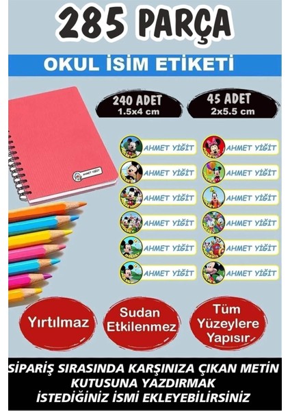Okul Etiketi Kalem Defter Etiketi Özel Isimli Etiket Mickey Mouse 12 Figür 285 Parça