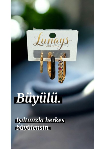 Jevelry Çılgın Kız Model Renkli Zirkon Taşlı 3 Lü Kadın Küpe Seti Gold Renk Küpe