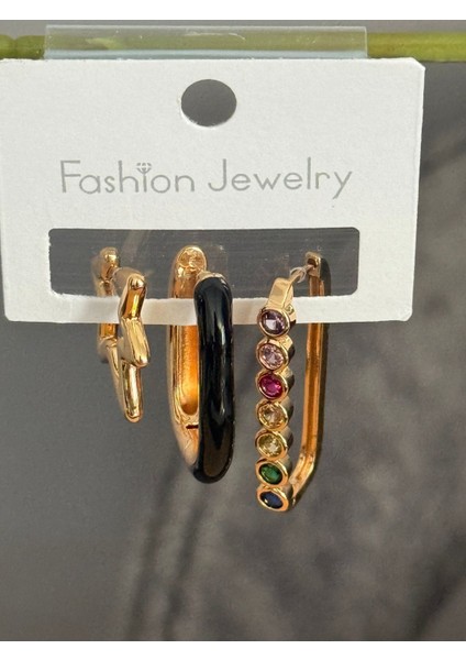 Jevelry Çılgın Kız Model Renkli Zirkon Taşlı 3 Lü Kadın Küpe Seti Gold Renk Küpe fiyatları