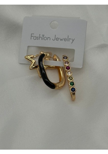 Jevelry Çılgın Kız Model Renkli Zirkon Taşlı 3 Lü Kadın Küpe Seti Gold Renk Küpe fırsatları