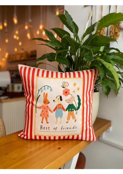 Çocuk Odası Kırmızı Çizgili Dekoratif Çift Taraflı 2li Kırlent Kılıfı Seti - Çocuk Odası Kırlent - 43X43CM fırsatları