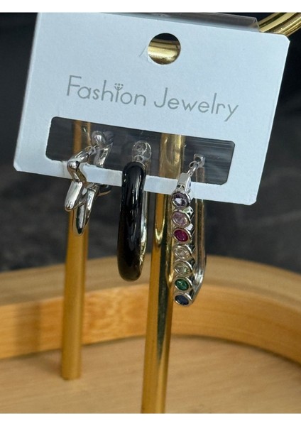 Jevelry Çılgın Kız Model Zirkon Taşlı 3 Lü Kadın Küpe Seti Gümüş Renk Küpe