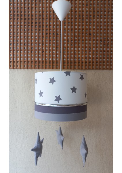 Beyaz Gri Sarkıtlı Yıldızlı Kumaş Kaplama 2.li Set Çocuk Odası ve Bebek Odası Avize ve Abajur Takımı fiyatları